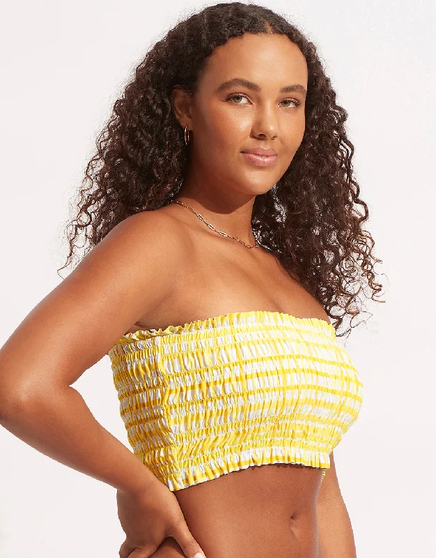 Amalfi Check Shirred Longline Bandeau Bikini Top - Lime Light