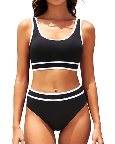 Color Block Crop Top High Waist Two Piece Set