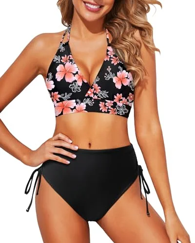 Halter V-Neck Bikini Top Drawstring Two Piece Set