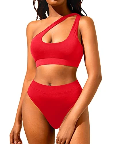 One Shoulder Two Piece Swimsuits Women's High Waisted Bikini Set