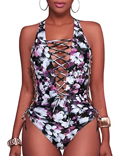 Sexy Strappy Cutout One Piece Swimsuits-Purple Floral