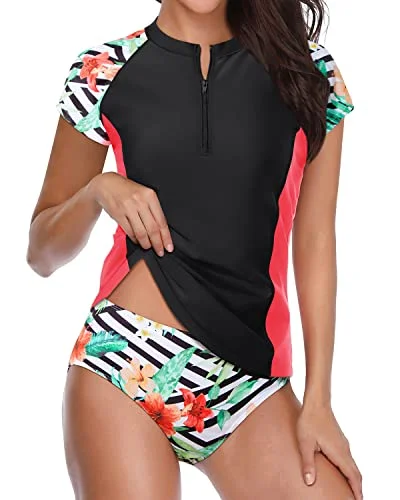 Short Sleeve Zipper Swimsuit Women's Two Piece Cap Sleeve Rash Guard Bathing Suit