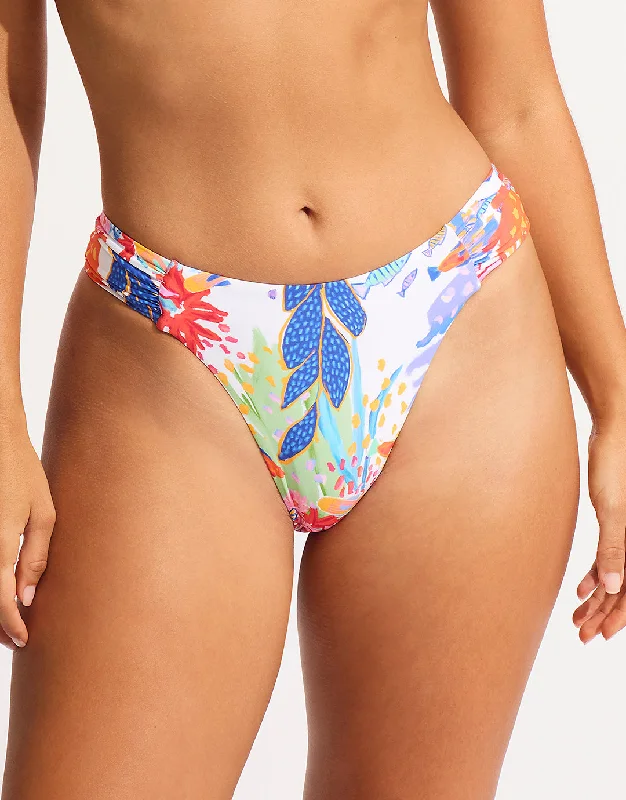 Under the Sea High Leg Ruched Side Bikini Pant - White