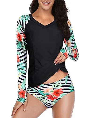 Mid Waist Shorts 2 Piece Long Sleeve Rash Guard For Women-Black And Striped Leaves