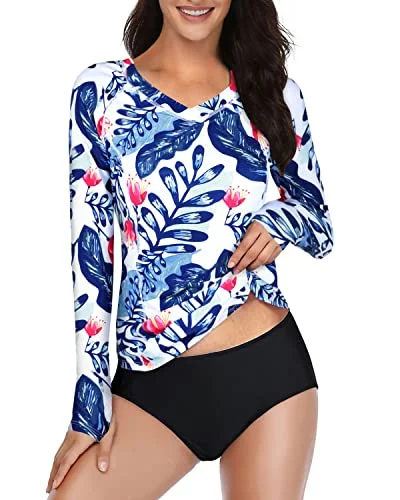 2 Piece Swim Shirt & Shorts For Women Rash Guard Long Sleeve-White And Blue Floral