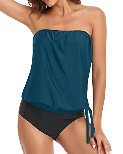 Two Piece Bandeau Tankini Swimsuits For Teens And Women-Teal And Black