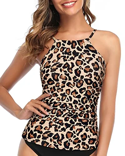 Women's Ruched Swimsuit Top Open Back Design-Leopard