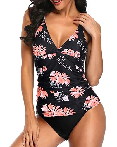 Ruched Panel Slimming Two Piece Tankini Set Swimsuits For Women-Black Orange Floral