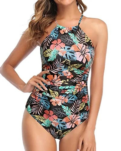 Women's Criss Cross Swimwear One Piece Bathing Suit-Black Red Flower