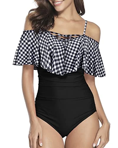 Removable Push-Up Padded Bra Swimsuits Criss-Cross Lace-Up For Women-Black And White Checkered