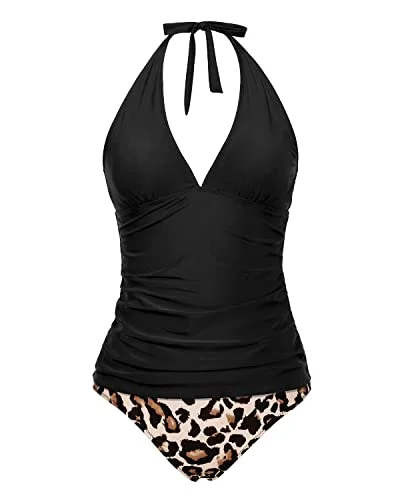 Two Piece Adjustable Self Tie Shoulder Straps Tankini Set-Black And Leopard