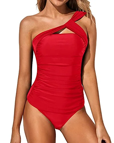 Women's Tankini Asymmetrical One Shoulder Top & Shorts-Red