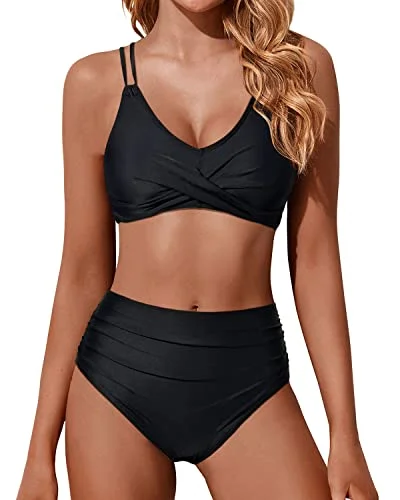 Twist Front High Waisted Bikini Set Two Piece Swimsuits Push Up Wrap Swim Suits-Black