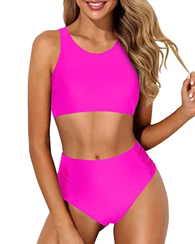 Sporty High Waisted Two Piece Bikini Set For Teen Girls-Neon Pink