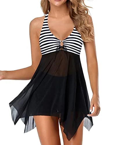 Ladies Mesh Tummy Control 2 Piece Swim Dress With Boyshorts-Black And White Stripe