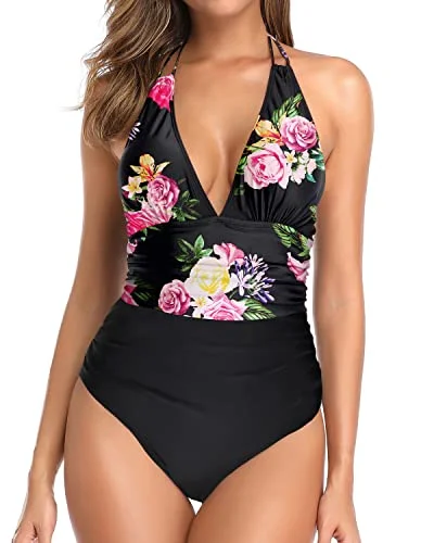 Vintage Women One Piece Swimsuit Tummy Control Plunge V Neck Swimwear-Black Floral