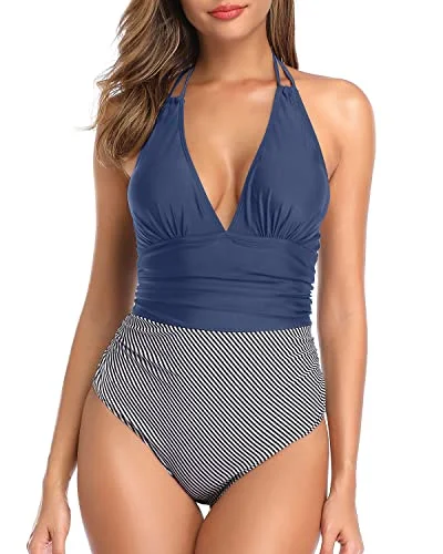 Open Back Halter Bathing Suit Tummy Control Women One Piece Swimwear-Blue White Stripe