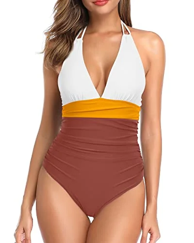 Women Sexy Plunge V Neck One Piece Swimsuit Tummy Control Bathing Suit-Whtie Yellow Brown