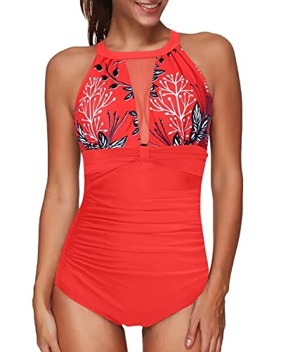 Women's Mesh High Neck One Piece Swimsuit With Tummy Control Swimwear-Red Floral