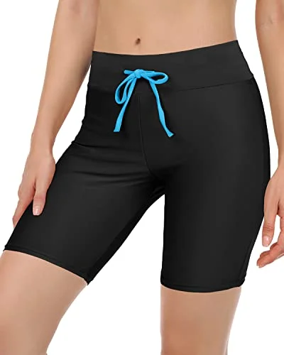 Women's Tummy Control Boy Shorts Swimsuit Long Board Shorts-Black