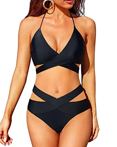 Wrap Halter Neck Bikini Set Criss Cross Two Piece Bathing Suit-Black