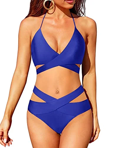 High Leg Bikini Set High Waisted Bikini Push Up Criss Cross Bathing Suit-Royal Blue