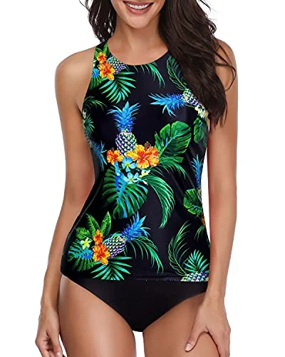 Trendy Tummy Control Tankini 2 Piece Swimsuit With Shorts-Black Pineapple