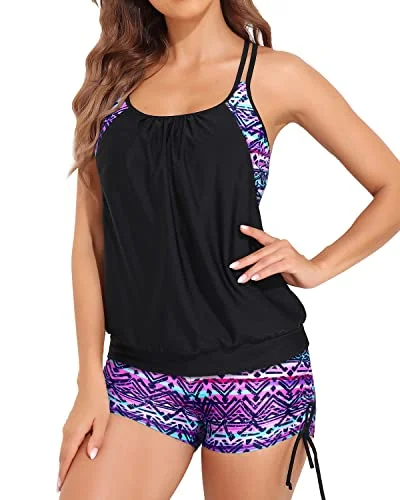 Two Piece Push Up Padded Bra Tankini Swimsuits Tummy Control Swimwear-Black And Tribal Purple