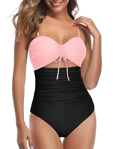 Criss Cross/Vertical Shoulder Straps Swimsuits For Curvy Womens-Pink And Black