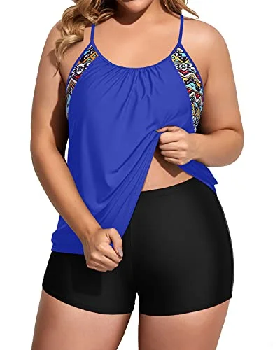 Two Piece Plus Size Tankini Set Swimsuits With Tummy Control-Blue