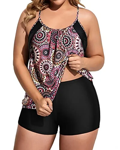 Deep Cut Two Piece Plus Size Tankini Set Swimsuit For Women-Brown Print