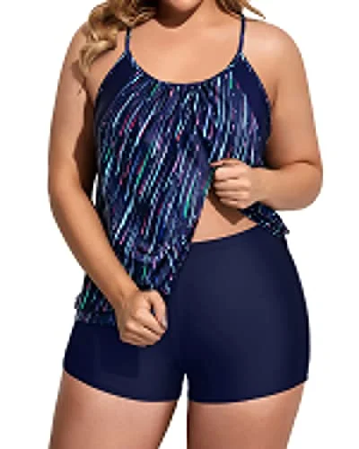 Women's Plus Size Two Piece Tankini Set Tummy Control Bathing Suits-Navy Blue