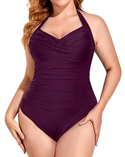 Women's Tummy Control Halter Top Plus Size One Piece Swimsuit-Maroon