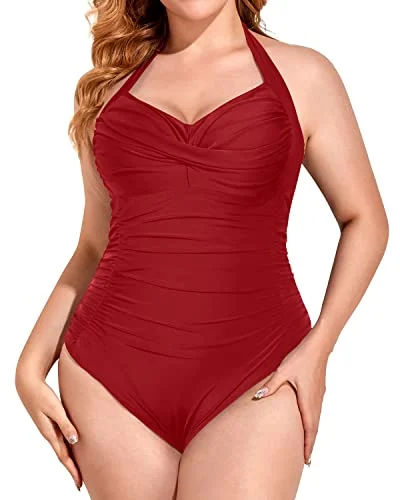 Removable Padded Bra Plus Size Slimming One Piece Swimsuit-Red