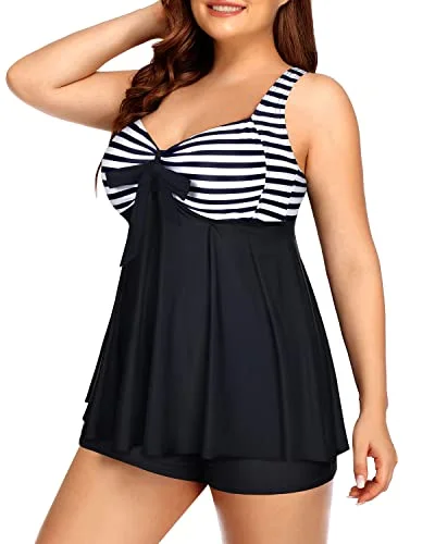 Long Flowy Two Piece Plus Size Tankini Swimsuits For Women-Black And White Stripe