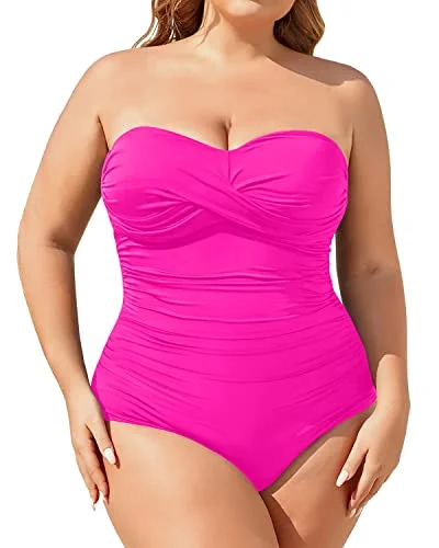 Plus Size Slimming Ruched Twist Front Swimwear Tummy Control Bathing Suits-Neon Pink