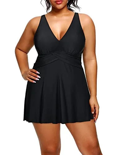 Women's One Piece Plus Size Swim Dress With Tummy Control Bathing Suit-Black