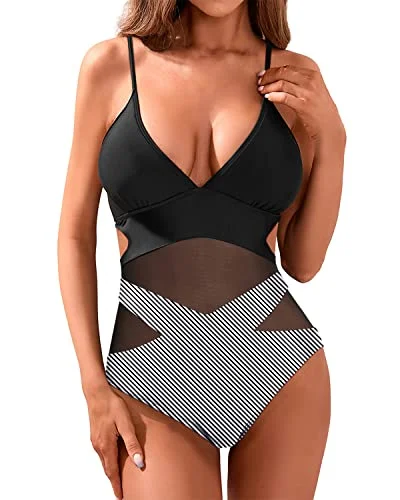 Women's Sexy Mesh Patchwork Cutout Monokini Swimsuit-Black Stripe