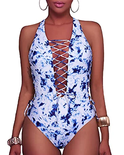 Lace Up Monokini Strappy Cutout High Cut Swimsuits-Blue Tie Dye