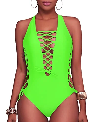 Plunge V Neck Lace Up Monokini One Piece Swimsuit For Curvy Women-Neon Green