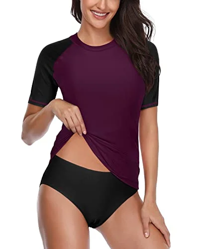 Short Sleeve Women's Two Piece Swimsuits Upf 50+ Spf Rash Guard-Purple