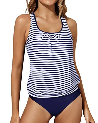 Women's Two Piece Swimsuit Tummy Control Tankini Bathing Suits Blouson Swimwear-Blue White Stripe