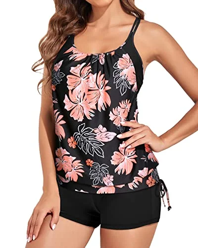 2 Piece Bathing Suits For Women With Sporty Boy Shorts Tummy Control-Black And Orange Floral