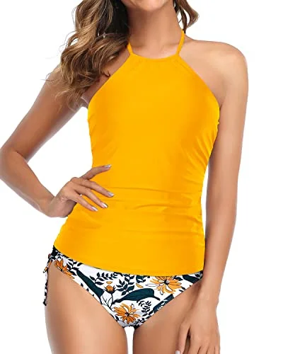 Halter Tankini Two Piece Swimsuits For Women Tummy Control Bathing Suits-Yellow Floral