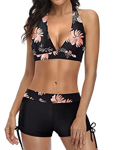 Push Up Bikini Swimsuit Set With Boyshort Two Piece Swimsuit-Black Orange Floral