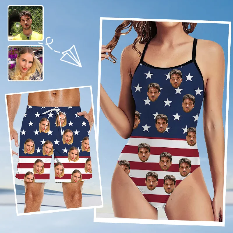 American Flag Print Customized Women’s Back Hollow Swimsuit & Men’s Board Shorts Set