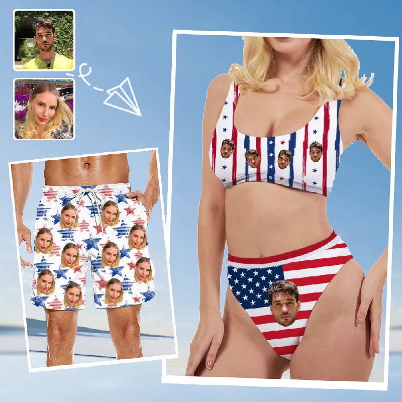 American Independence Day Flag Print Customized Women's Bikini Two-piece Set & Men's Beach Shorts Couple's Beach Wear