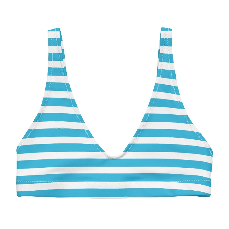 Aqua Blue and White Beach Stripes Halter Bikini Top