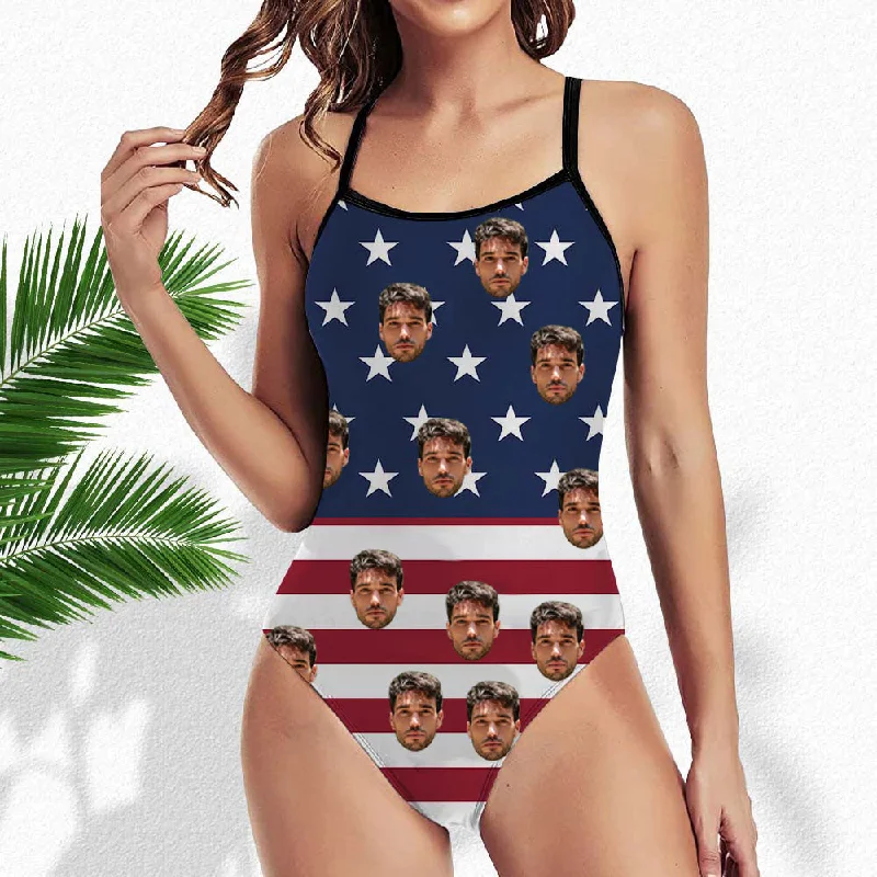 Back Cutout American Flag Printed Face Custom Swimsuit Independence Day