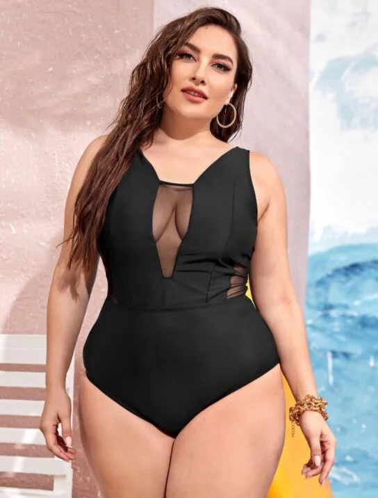 Upopby Black Translucent Hollow One Piece Plus-Size Swimwear